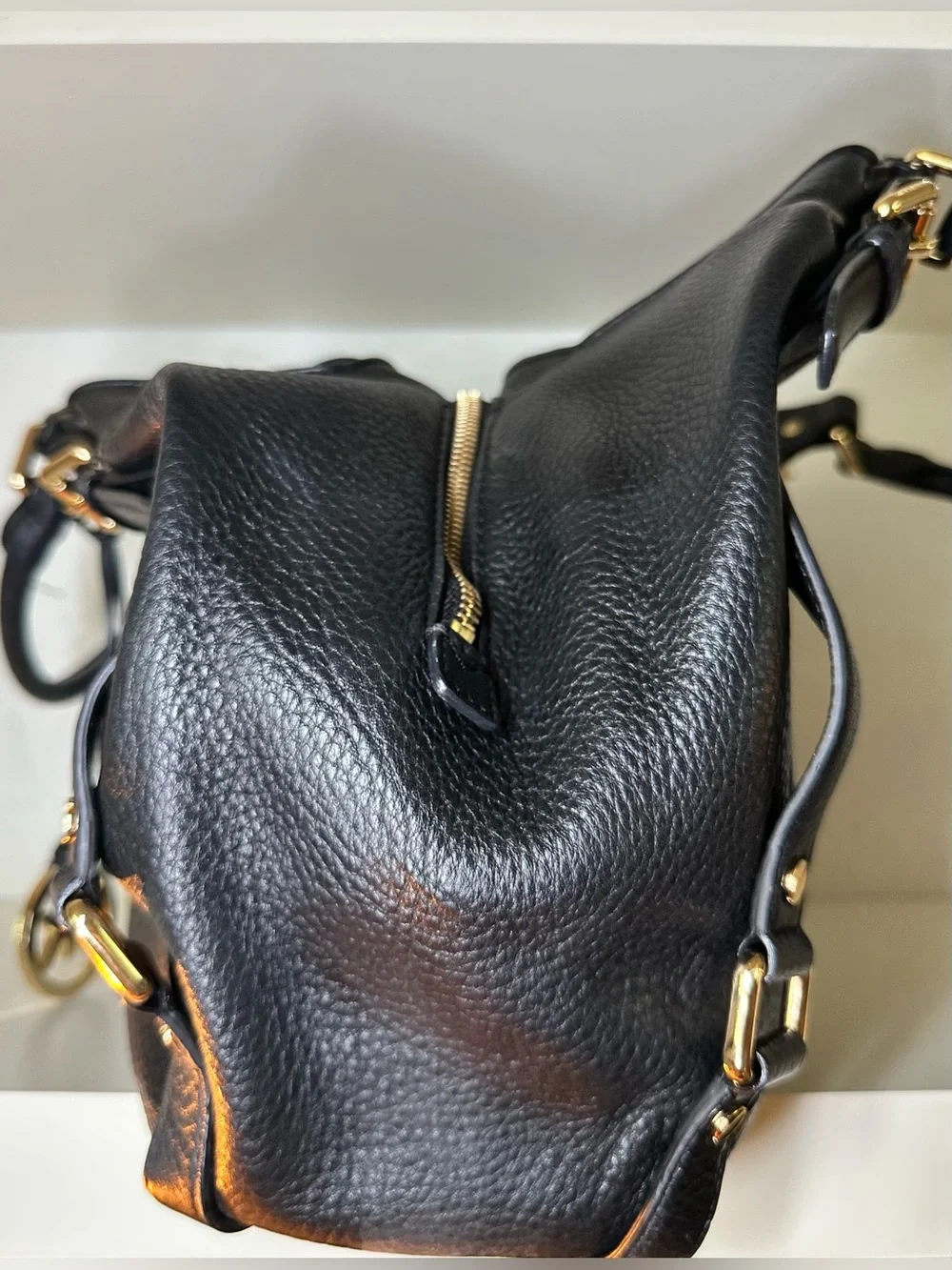 Michael Kors Black Pebbled Leather Shoulder Bag with Gold Accents